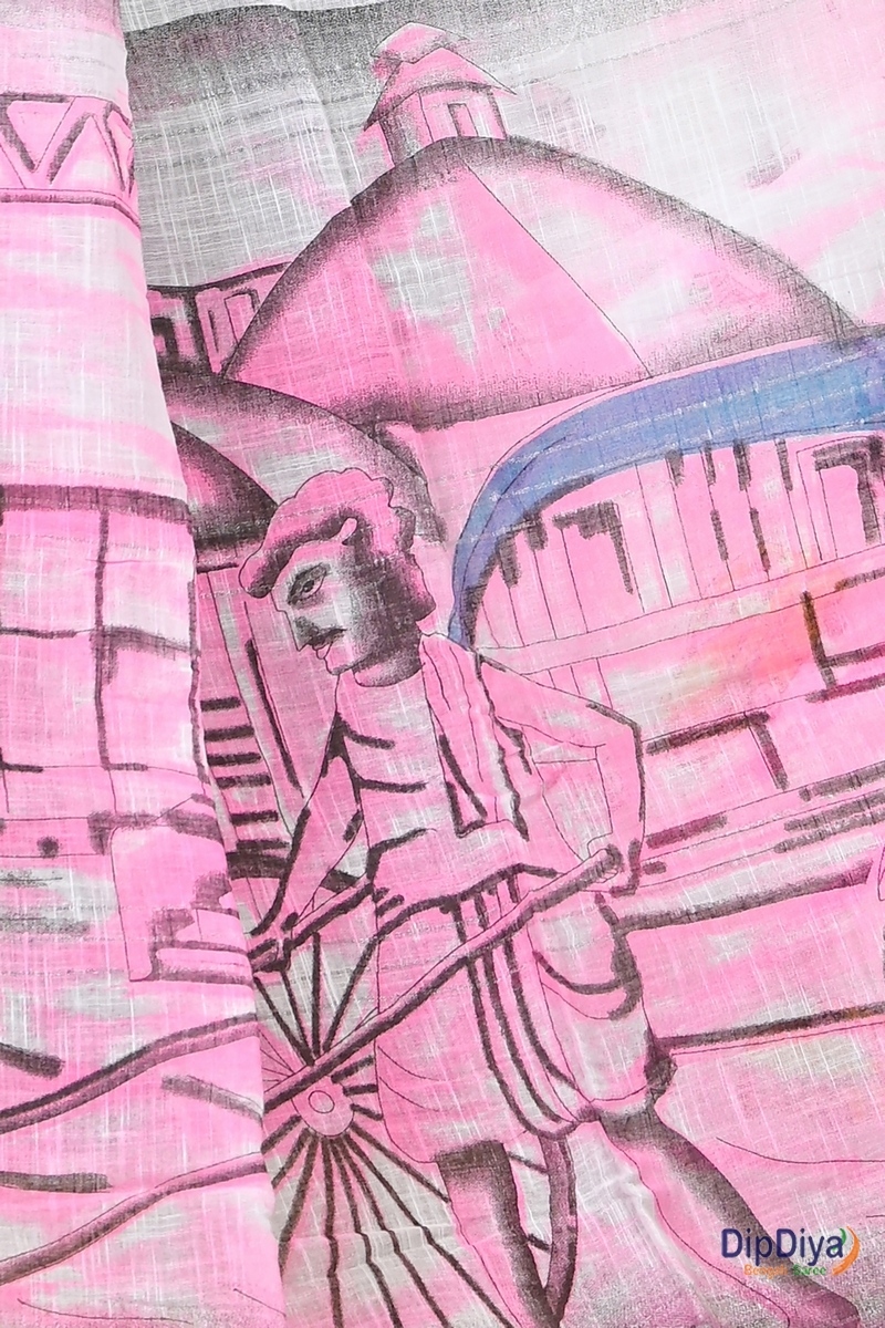 White Pink Pure Cotton Soher Printed Handloom Saree (608)